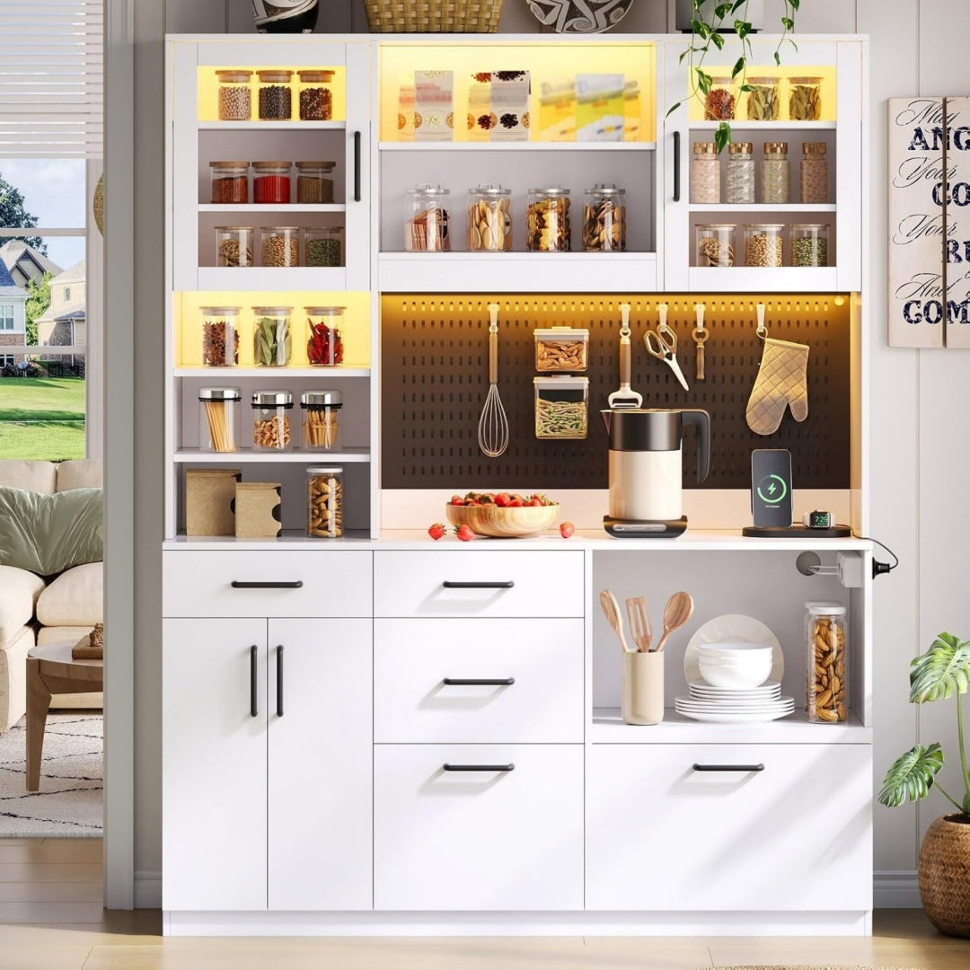 Beau buffet gris clair avec plateau en verre trempe avec eclairage LED