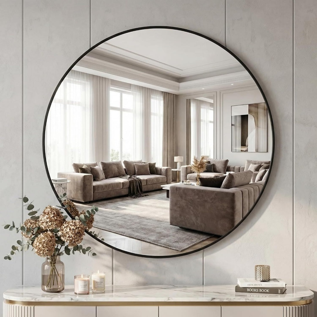 Miroir mural gris avec plateau en verre trempe