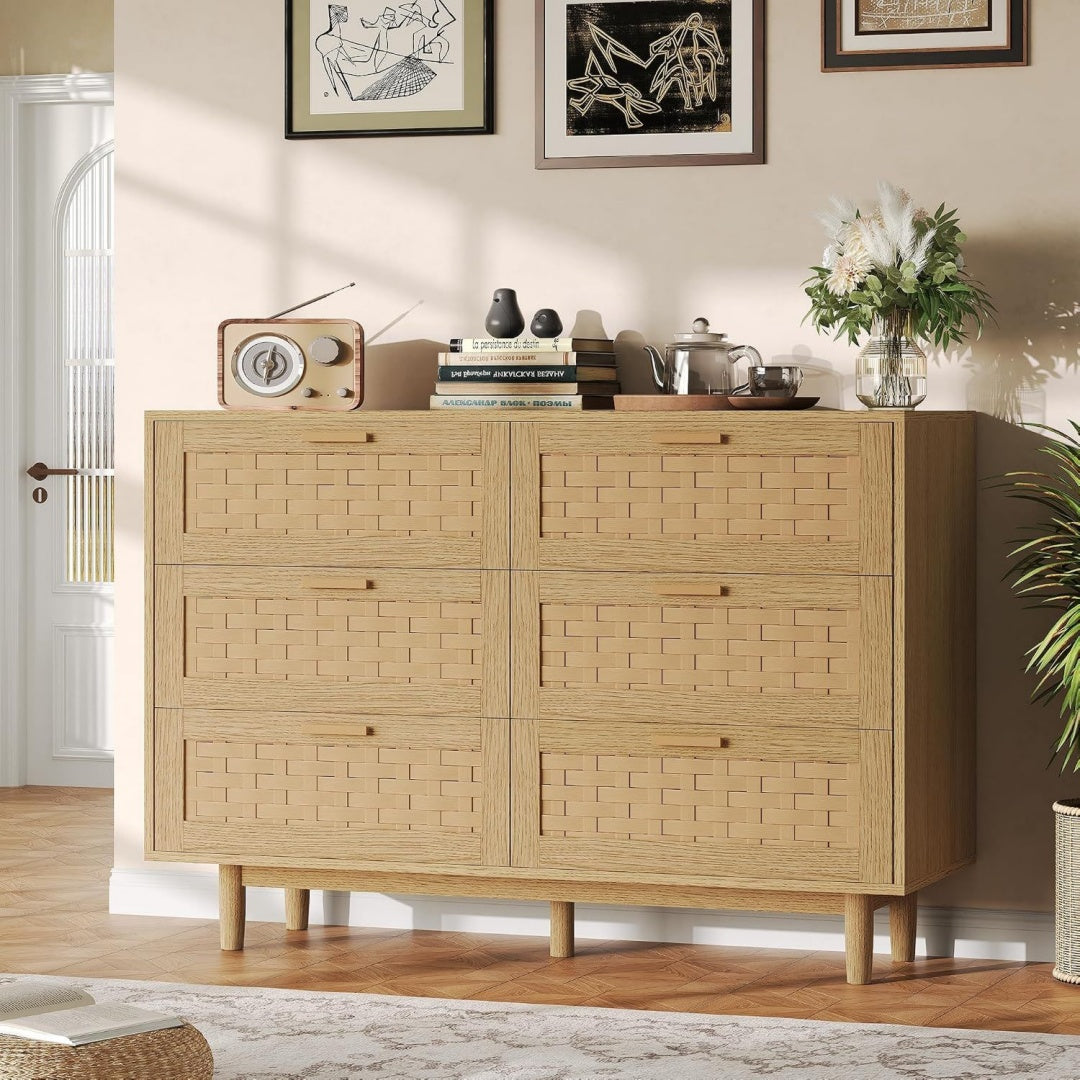 Commode en bois 6 tiroirs marron avec eclairage LED