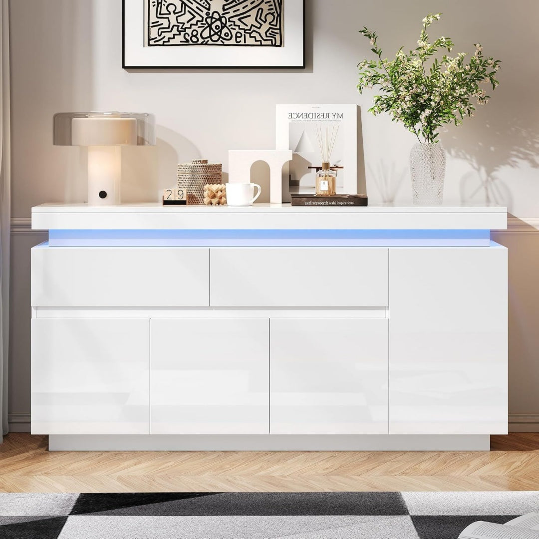 Commode gris clair, quatre portes, verre, style contemporain