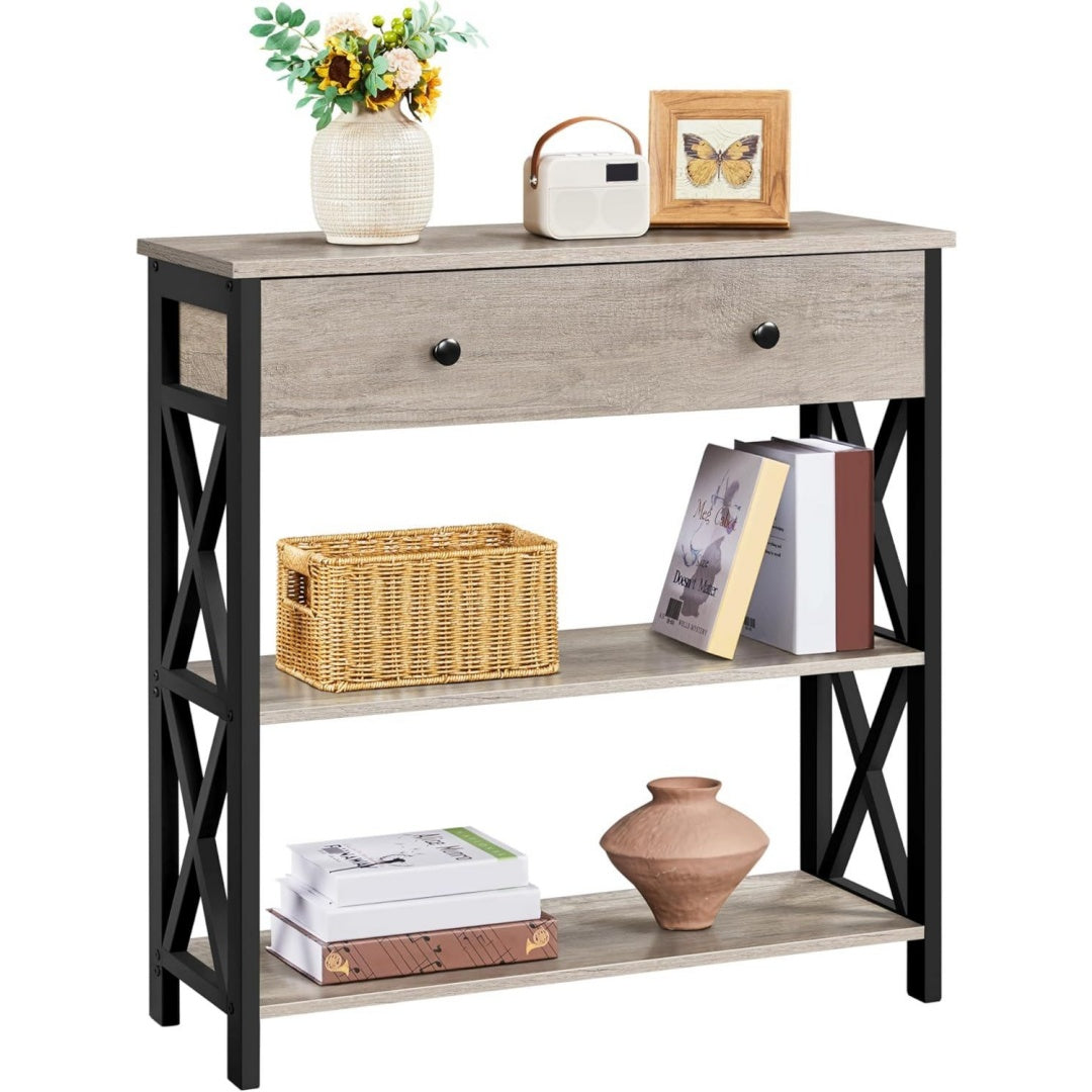 Table console gris metal 80 cm, rangement esprit vintage
